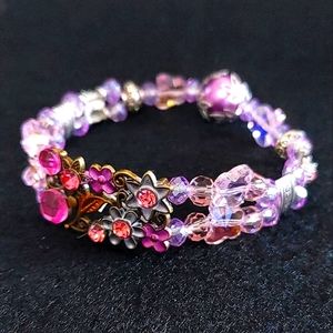 SOLD - Pastel Pink and Purple Glass Beaded Stretch Bracelet - 7 inches